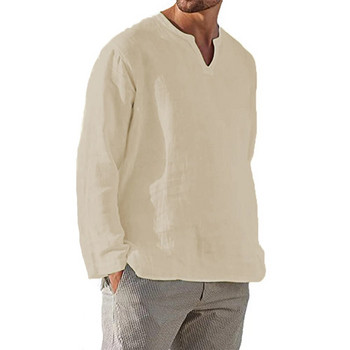 Памучна ленена мъжка риза, къса, дишаща, удобна, едноцветна, дълъг ръкав, V-образно деколте, ежедневна блуза, хавайска риза, големи горнища