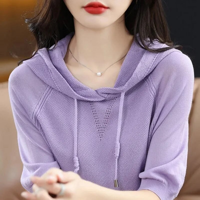 Pavasaris un vasara sieviešu džemperi ar īsām piedurknēm, krekls ar kapuci apakšā, trikotāža 2024. gada kamieļzaļa rozā puloveri korejiešu džemperi
