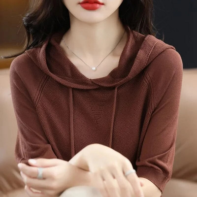 Pavasaris un vasara sieviešu džemperi ar īsām piedurknēm, krekls ar kapuci apakšā, trikotāža 2024. gada kamieļzaļa rozā puloveri korejiešu džemperi