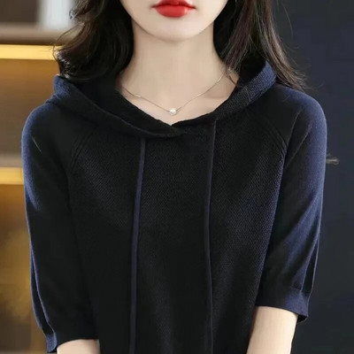 Pavasaris un vasara sieviešu džemperi ar īsām piedurknēm, krekls ar kapuci apakšā, trikotāža 2024. gada kamieļzaļa rozā puloveri korejiešu džemperi