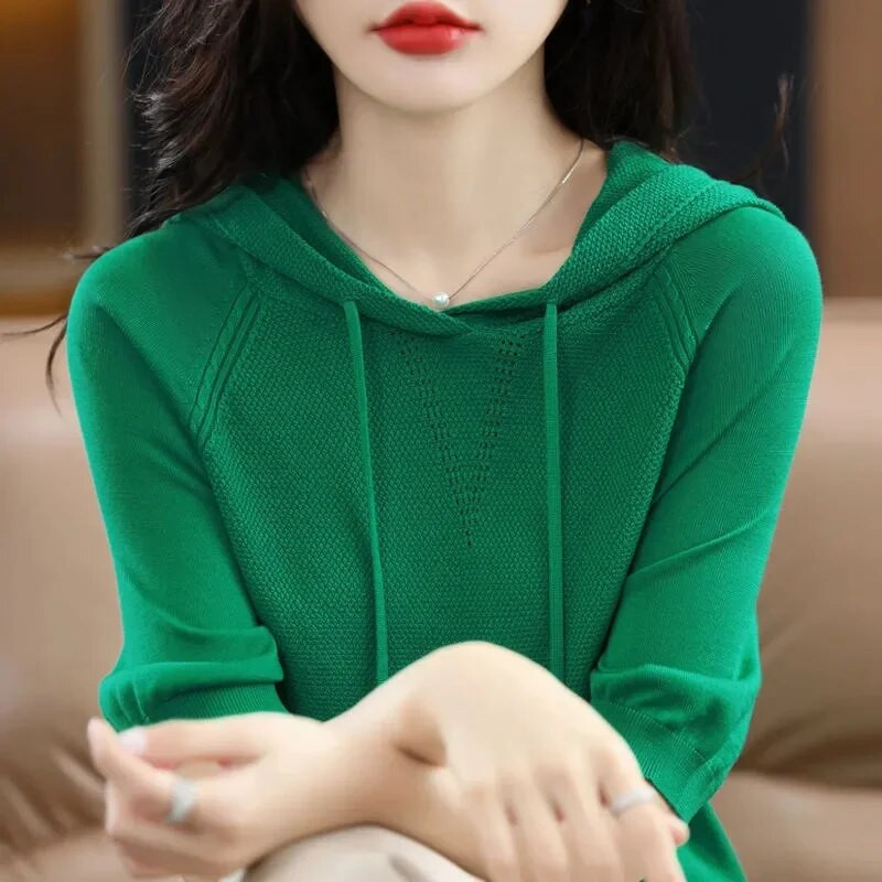 Pavasaris un vasara sieviešu džemperi ar īsām piedurknēm, krekls ar kapuci apakšā, trikotāža 2024. gada kamieļzaļa rozā puloveri korejiešu džemperi
