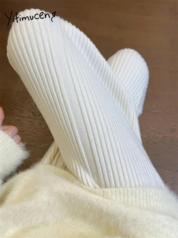 Yitimuceng pušķis trikotāžas bikses sievietēm 2023. gada ikdienišķas vienkāršās bikses ar augstu vidukli, platas kājas