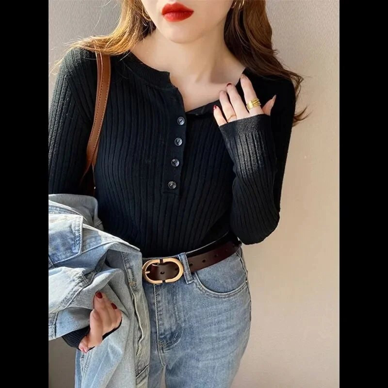 Női, 2024. ősz, új pulóver karcsúsított hosszú ujjú kötött alsó ing belső viselet felső divat pulóverek ruhák karcsúsító izzadság