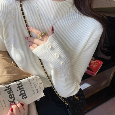 2023-as őszi alsó alsó pulóver felső női bordázott puha minta nyakú rugalmas pulóver meleg egyszínű karcsú pulóver