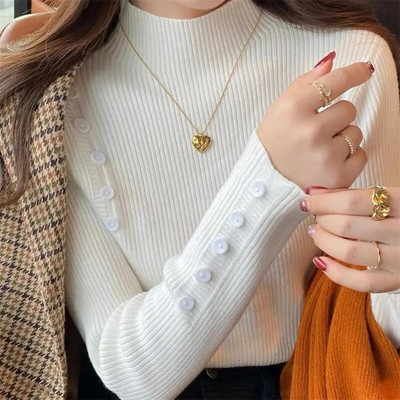 2023-as őszi alsó alsó pulóver felső női bordázott puha minta nyakú rugalmas pulóver meleg egyszínű karcsú pulóver