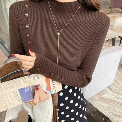 2023-as őszi alsó alsó pulóver felső női bordázott puha minta nyakú rugalmas pulóver meleg egyszínű karcsú pulóver