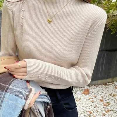 2023-as őszi alsó alsó pulóver felső női bordázott puha minta nyakú rugalmas pulóver meleg egyszínű karcsú pulóver