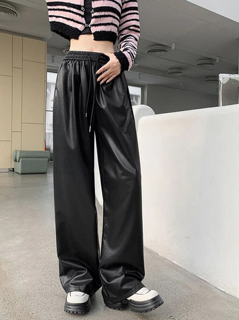 Συνθετικό δέρμα PU φαρδύ κορδόνι επάνω ελαστικό ψηλόμεσο γυναικείο παντελόνι μόδας παντελόνι ολόσωμο Γυναικείο φθινόπωρο Χειμερινό ίσιο παντελόνι