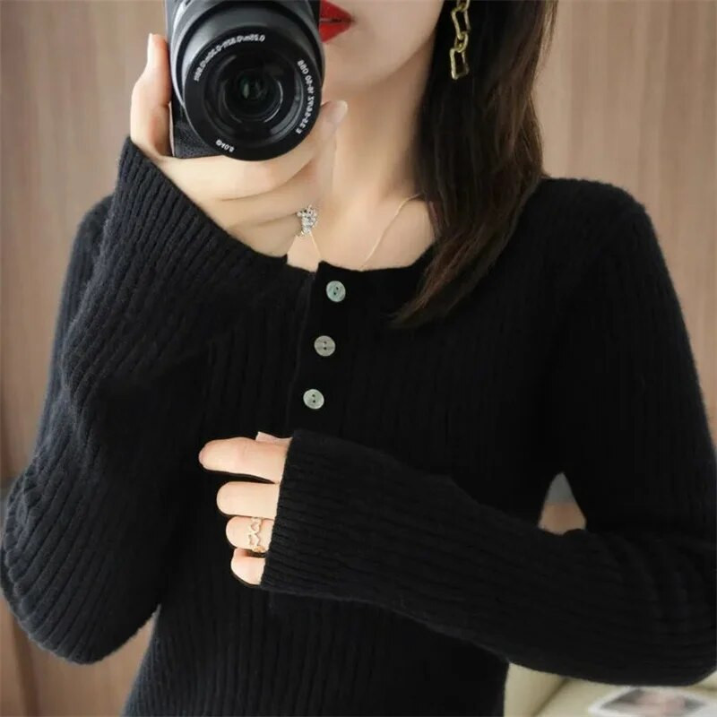 Sügistalvine naiste kampsun O-kaelusega soojad pulloverid Korea pikkade varrukatega lihtsad topid Slim Fit alumine särk Suure venitusega džemprid