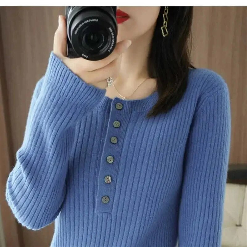 Sügistalvine naiste kampsun O-kaelusega soojad pulloverid Korea pikkade varrukatega lihtsad topid Slim Fit alumine särk Suure venitusega džemprid