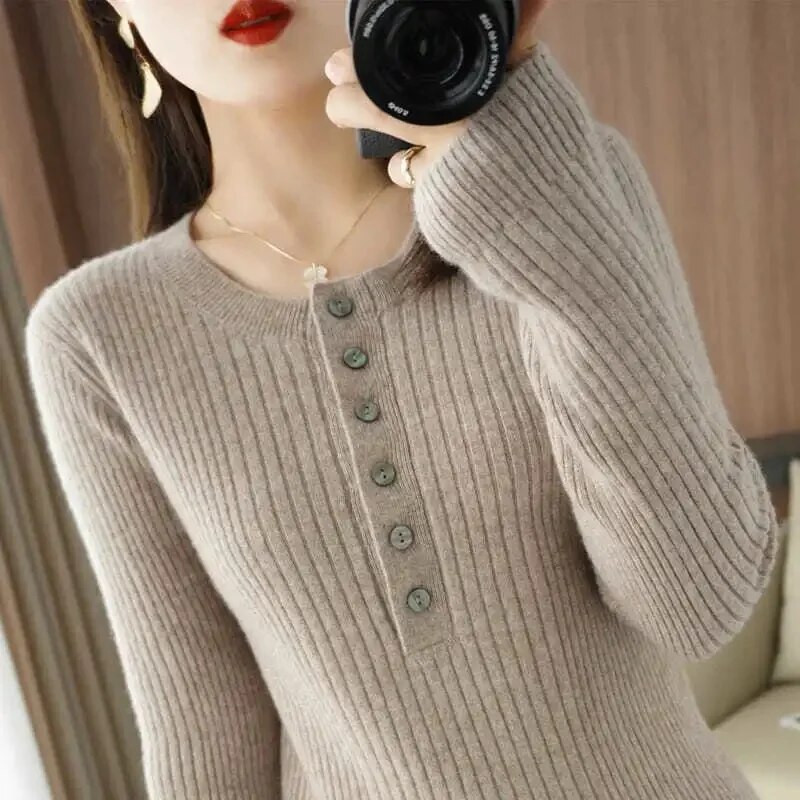 Sügistalvine naiste kampsun O-kaelusega soojad pulloverid Korea pikkade varrukatega lihtsad topid Slim Fit alumine särk Suure venitusega džemprid