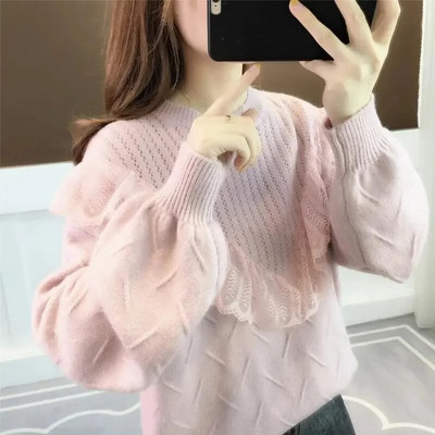 2023. gada rudens ziemas biezs džemperis sieviešu trikotāžas mežģīņu džemperis džemperis garām piedurknēm ar O veida izgriezumu, plāns džemperis, mīksts, silts sieviešu tops