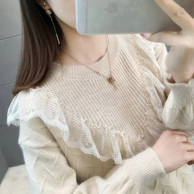 2023. gada rudens ziemas biezs džemperis sieviešu trikotāžas mežģīņu džemperis džemperis garām piedurknēm ar O veida izgriezumu, plāns džemperis, mīksts, silts sieviešu tops