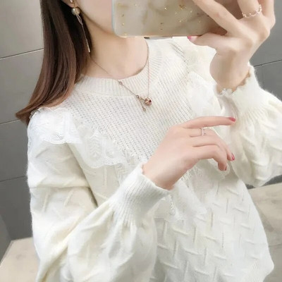 2023. gada rudens ziemas biezs džemperis sieviešu trikotāžas mežģīņu džemperis džemperis garām piedurknēm ar O veida izgriezumu, plāns džemperis, mīksts, silts sieviešu tops