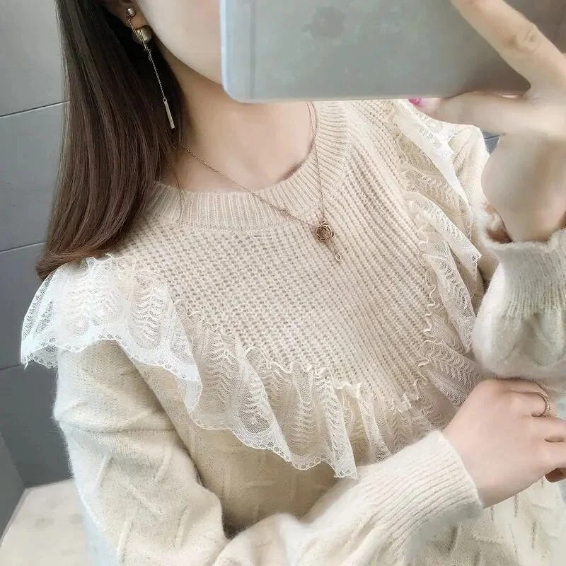 2023. gada rudens ziemas biezs džemperis sieviešu trikotāžas mežģīņu džemperis džemperis garām piedurknēm ar O veida izgriezumu, plāns džemperis, mīksts, silts sieviešu tops