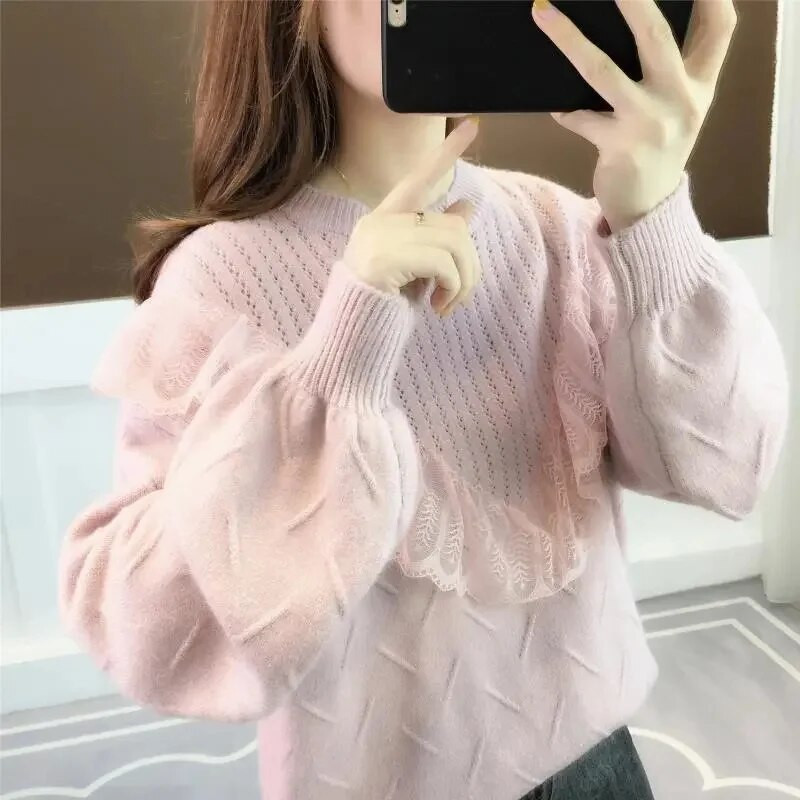 2023. gada rudens ziemas biezs džemperis sieviešu trikotāžas mežģīņu džemperis džemperis garām piedurknēm ar O veida izgriezumu, plāns džemperis, mīksts, silts sieviešu tops