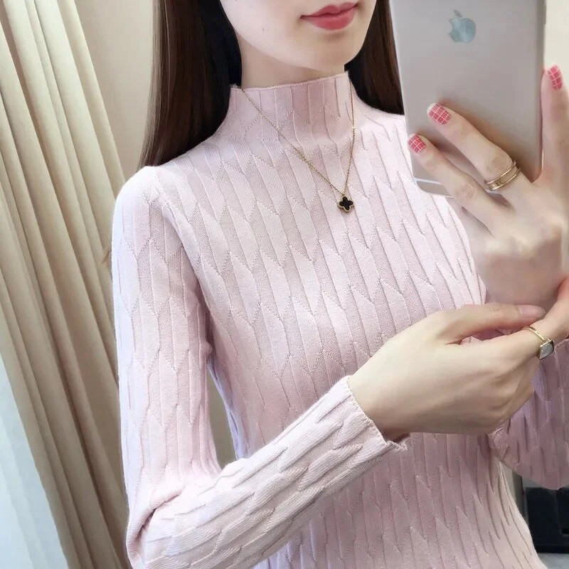 2023. gada rudens ziemas džemperis ar biezu apkakli sieviešu trikotāžas džemperi ar garām piedurknēm, tievs džemperis, mīksts, silts sieviešu džemperis