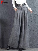Őszi téli gyapjúkeverék Culotte Elegáns, magas derekú, széles szárú nadrágok női táskás koreai divatos Pantalones nagyméretű övnadrág