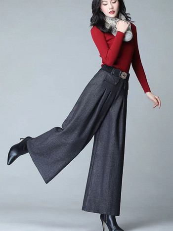 Φθινοπωρινό χειμωνιάτικο μάλλινο μείγμα Culotte Κομψό ψηλόμεσο παντελόνι με φαρδύ πόδι Γυναικείο φαρδύ παντελόνι κορεατικής μόδας Pantalones oversize ζώνη