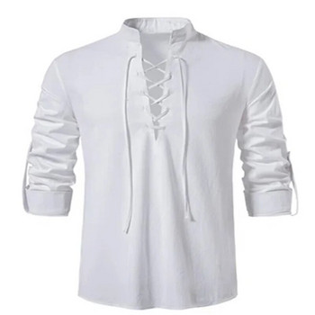 2023 Нова мъжка риза с V-образно деколте, тениска, модна реколта, тънка горна част с дълъг ръкав, мъжки ежедневни дишащи викингски предни мъжки ризи с връзки