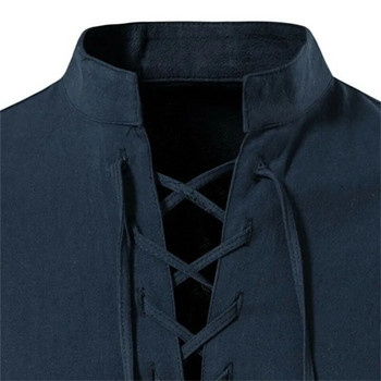 2023 Нова мъжка риза с V-образно деколте, тениска, модна реколта, тънка горна част с дълъг ръкав, мъжки ежедневни дишащи викингски предни мъжки ризи с връзки