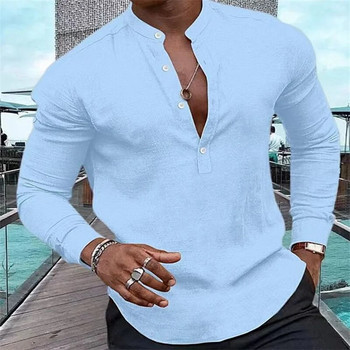 Модна риза мъжки Henry едноцветни полуотворени копчета яка със стойка мускулести мъжки горнища стрийт меки и удобни 2023 нов