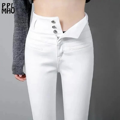 Овърсайз 5XL дънки с висока талия Дамски модни еластични кльощави Vaqueros Черно-бели тънки панталони тип молив Дънкови клинове с дължина до глезена