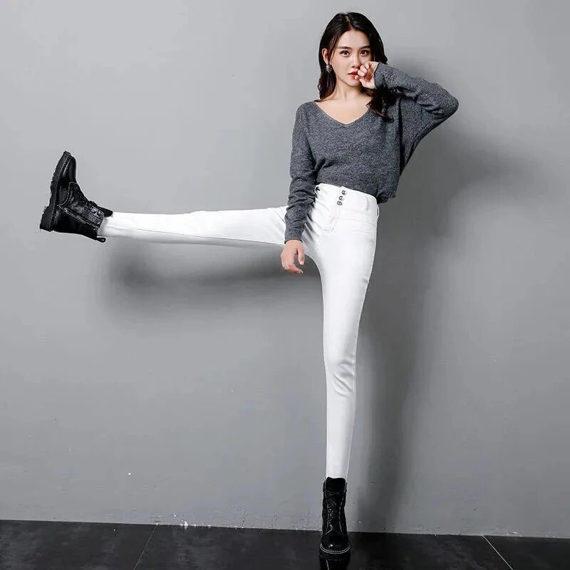 Lielizmēra 5XL džinsi ar augstu vidukli Sieviešu modes, elastīgi, izdilis Vaqueros, melns, balts, tievs zīmuļu bikses potītes garumā, džinsa legingi