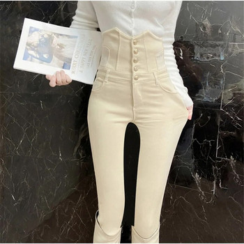 Γυναικεία 2023 Νέο Σούπερ ψηλόμεσο Stretch Skinny Jeans Slim Button Fly Pencil Denim Pants Design Fashion Beige Legging Vaqueros