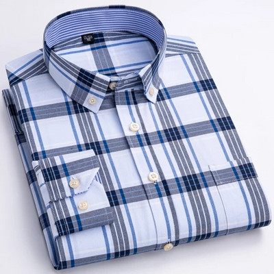 Ανδρικό 100% βαμβακερό ριγέ πουκάμισο Oxford με μονό μακρύ μανίκι τσέπη, κανονική εφαρμογή, άνετο καρό πουκάμισο με κουμπιά
