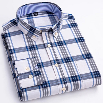 Ανδρικό 100% βαμβακερό ριγέ πουκάμισο Oxford με μονό μακρύ μανίκι τσέπη, κανονική εφαρμογή, άνετο καρό πουκάμισο με κουμπιά