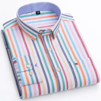 Ανδρικό 100% βαμβακερό ριγέ πουκάμισο Oxford με μονό μακρύ μανίκι τσέπη, κανονική εφαρμογή, άνετο καρό πουκάμισο με κουμπιά