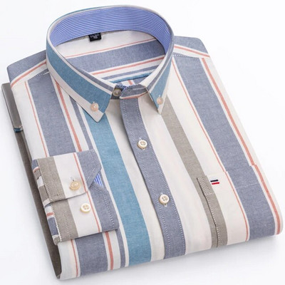 Ανδρικό 100% βαμβακερό ριγέ πουκάμισο Oxford με μονό μακρύ μανίκι τσέπη, κανονική εφαρμογή, άνετο καρό πουκάμισο με κουμπιά