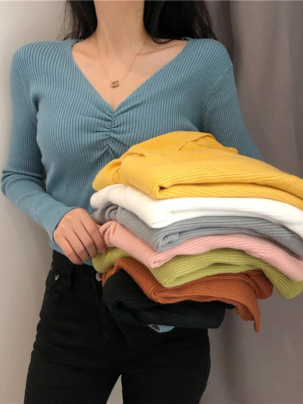 JMPRS Sexy V kakla sieviešu džemperis rudens trikotāžas pulovers džemperis Šiks mīksts korejiešu plāns ar garām piedurknēm sieviešu pamata tops Jauns