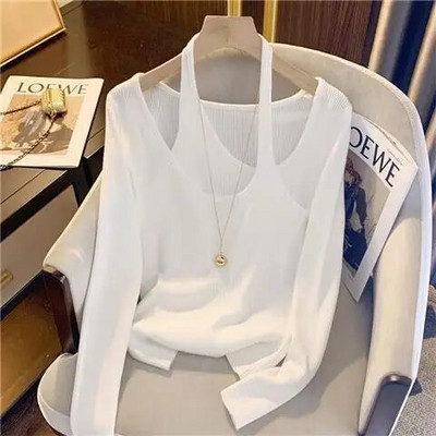 WDMSNA iekarināms kakla krusteniski adīts sieviešu 2023. gada džemperis ar garām piedurknēm, vienkrāsains, vienkārši, mīksti, plāni džemperi