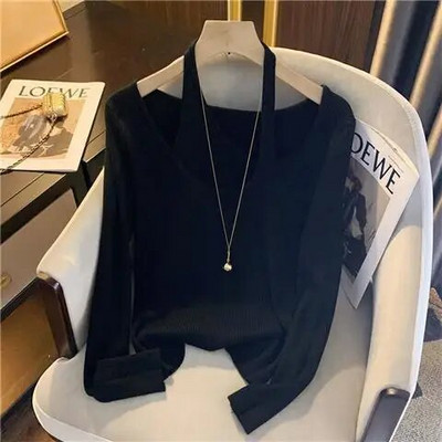 WDMSNA iekarināms kakla krusteniski adīts sieviešu 2023. gada džemperis ar garām piedurknēm, vienkrāsains, vienkārši, mīksti, plāni džemperi