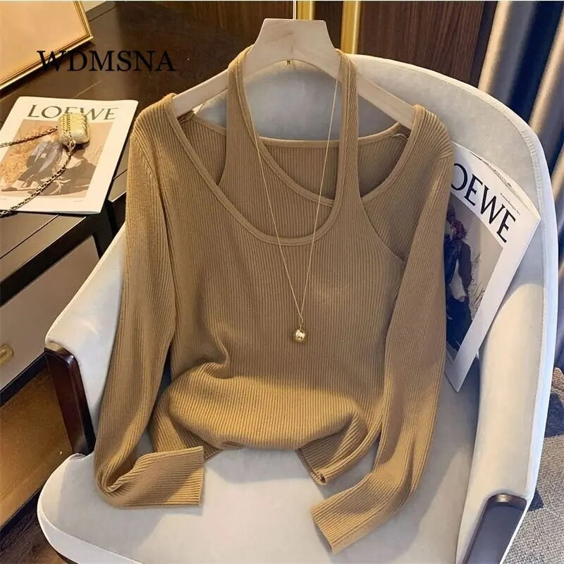 WDMSNA iekarināms kakla krusteniski adīts sieviešu 2023. gada džemperis ar garām piedurknēm, vienkrāsains, vienkārši, mīksti, plāni džemperi