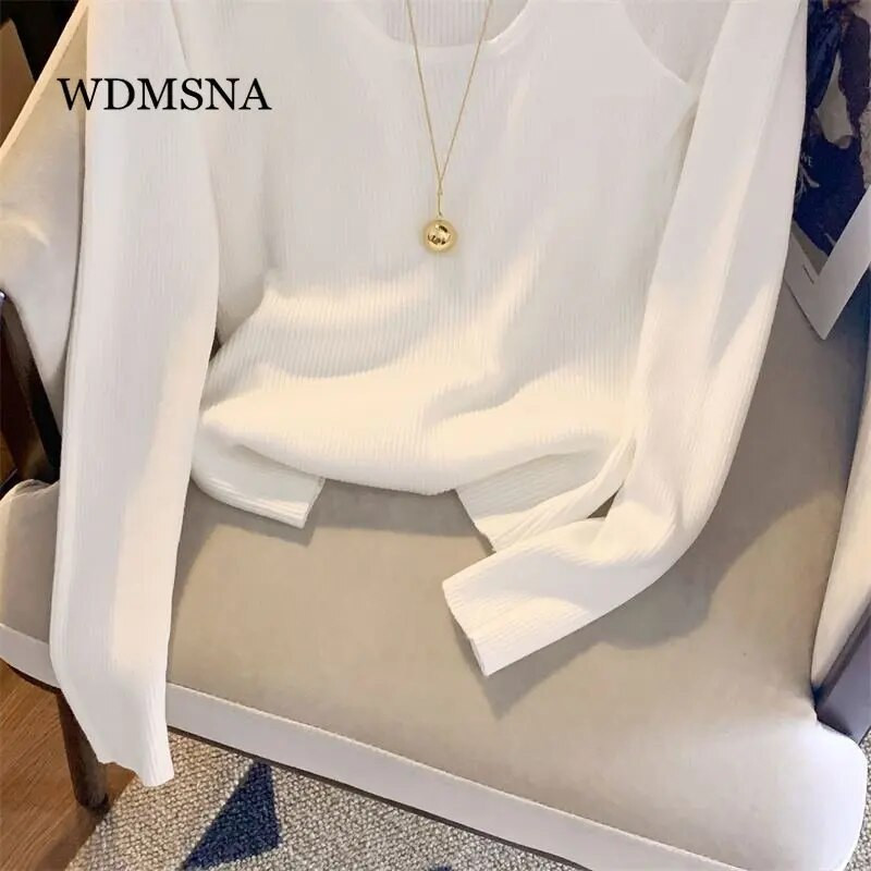 WDMSNA iekarināms kakla krusteniski adīts sieviešu 2023. gada džemperis ar garām piedurknēm, vienkrāsains, vienkārši, mīksti, plāni džemperi