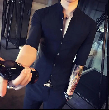 Мъжка риза с изправена яка Лято 2021 Нова мъжка мода Тънка корейска риза с половин ръкав Висококачествена лятна риза с къс ръкав