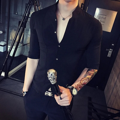 Vīriešu stāva apkakles krekls 2021. gada vasaras jaunais vīriešu modes plāns korejiešu puspiedurkņu augstas kvalitātes vasaras krekls ar īsām piedurknēm