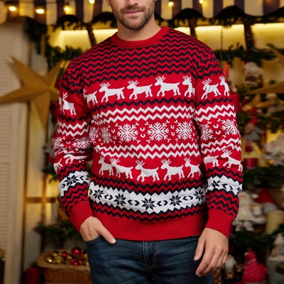 Ziemas jauns Ziemassvētku džemperis Modes apaļš kakla sniegpārsla aļņa trikotāžas puloveri ar garām piedurknēm vīriešu džemperis svētku ballīšu džemperis