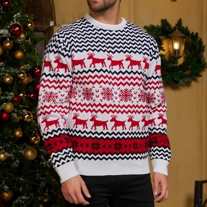 Ziemas jauns Ziemassvētku džemperis Modes apaļš kakla sniegpārsla aļņa trikotāžas puloveri ar garām piedurknēm vīriešu džemperis svētku ballīšu džemperis