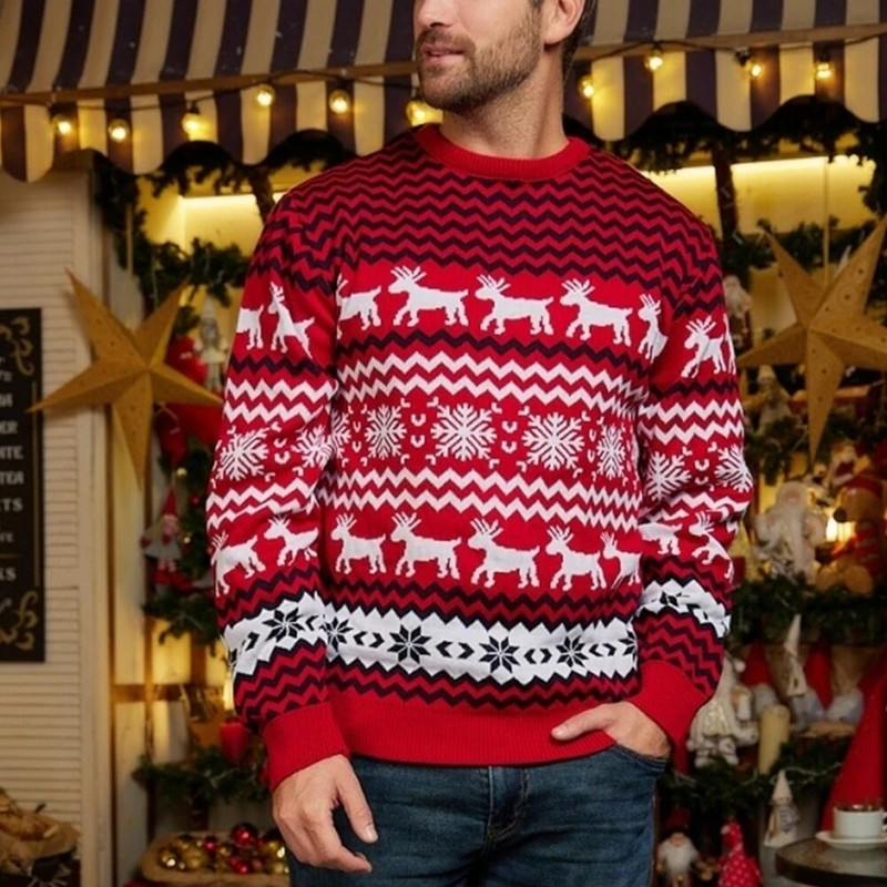 Ziemas jauns Ziemassvētku džemperis Modes apaļš kakla sniegpārsla aļņa trikotāžas puloveri ar garām piedurknēm vīriešu džemperis svētku ballīšu džemperis
