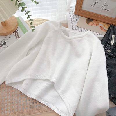 Ženski pulover nepravilnog O-izreza Jednobojna pletena bluza dugih rukava Proljeće Jesen Korejski retro tanki kratki pulover