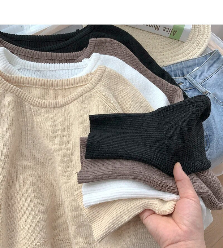 Ženski pulover nepravilnog O-izreza Jednobojna pletena bluza dugih rukava Proljeće Jesen Korejski retro tanki kratki pulover