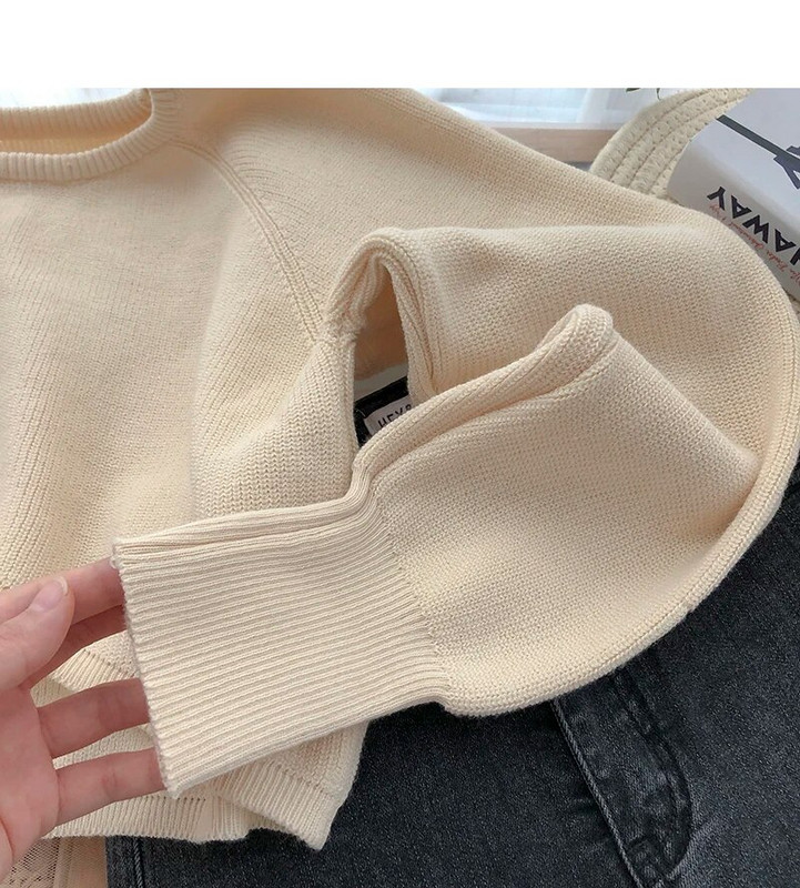 Ženski pulover nepravilnog O-izreza Jednobojna pletena bluza dugih rukava Proljeće Jesen Korejski retro tanki kratki pulover