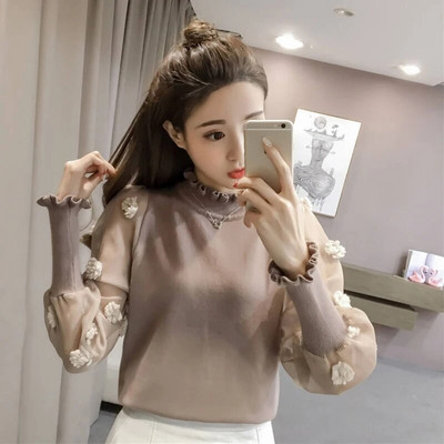 Lucyever korejiešu šiks, puķains džemperis, sieviešu modes tīklveida blūzes ar garām piedurknēm Sieviešu trikotāžas ielas apģērba topi sievietēm