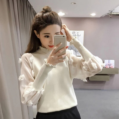 Lucyever korejiešu šiks, puķains džemperis, sieviešu modes tīklveida blūzes ar garām piedurknēm Sieviešu trikotāžas ielas apģērba topi sievietēm