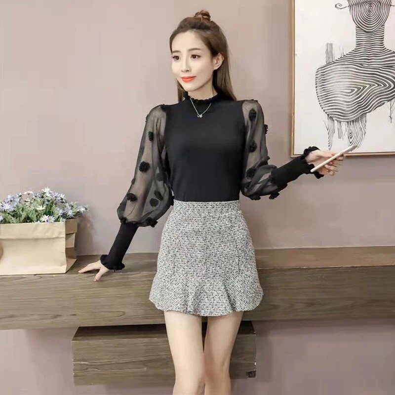 Lucyever korejiešu šiks, puķains džemperis, sieviešu modes tīklveida blūzes ar garām piedurknēm Sieviešu trikotāžas ielas apģērba topi sievietēm