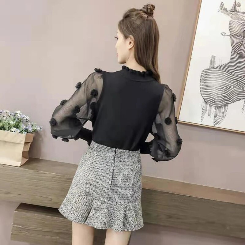 Lucyever korejiešu šiks, puķains džemperis, sieviešu modes tīklveida blūzes ar garām piedurknēm Sieviešu trikotāžas ielas apģērba topi sievietēm